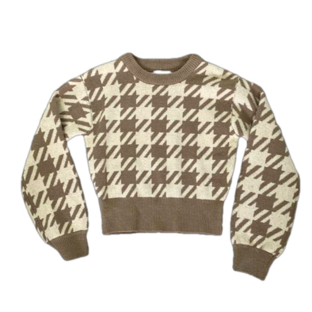 Oak & Fort Cropped Sweater, Oversized Houndstooth Pattern, Ribbed Hem/Cuffs, XS - Picture 2 of 10
